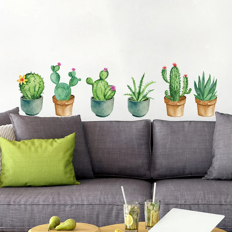 Green Garden Plant Cactus Potted Flower Pot Set 3D DIY Wall Decals/Adhesive Family Wall Sticker Mural Art Bathroom stairs Decor