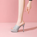 Arden Furtado Women's Silver Satin Peep Toe Slippers Round Toe Platform Super High Heel Crystal Banquet Shoes Summer