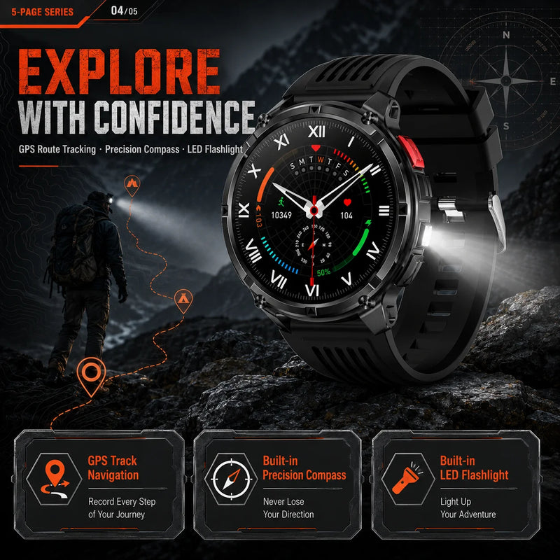 NEW 1100mAh Battery Sports Smart Watch Compass IP68 Waterproof Outdoor Flashlight Voice Assistant Heart Rate BT Call Smart Watch