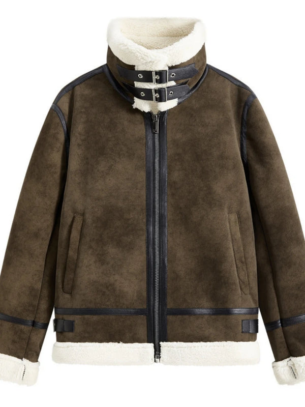 Men's Short Biker Style PU Leather Jacket Trendy Flight Coat Flip Collar Fur Lined Fashion Outerwear