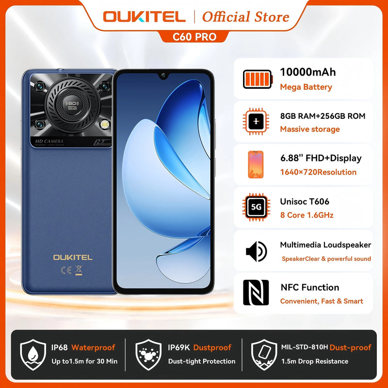 Oukitel C60 PRO smartphone 10000mAh Battery 24GB+256GB 6.88"HD 90Hz Android 15 13.4nm 36mm Powerful Speaker cell phone
