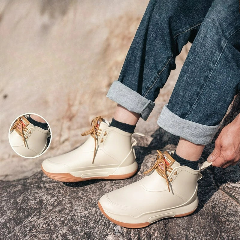 Men Rain Boots Outdoor Work Boots New Fashion Waterproof Fishing Shoes Platform Non-slip Rubber Shoes Lace-up Couple Rain Shoes