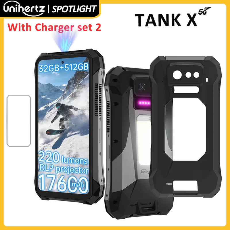 Unihertz TANK X 8849 5G Smartphone 32+512GB Built-in 1080P 220 lumen Projector 50MP+64MP Camara Android 15 17600mah Battery NFC