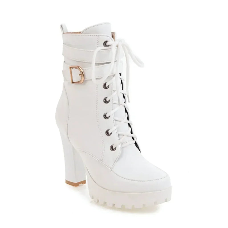High Heels Women Ankle Boots Lace Up Fall Winter Platform Ladies Boots Large Size Fashion Shoes White Black Brown 2025