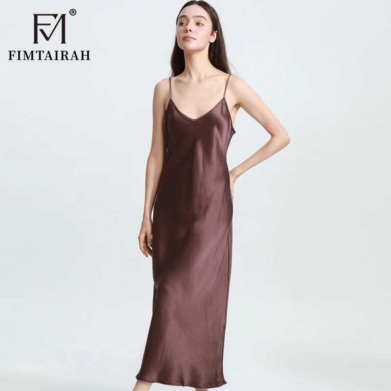 FIMTAIRAH Brand 6A 19mm New 100% Silk Nightgown Women Sexy Elegant Summer Silk NightDRESS long home wear Pajamas