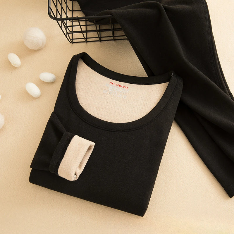 Wool Silk Thermal Underwear Set Double-sided Cashmere Long Johns Plus Cashmere Thick Autumn Winter for Men Women Warm Underwear