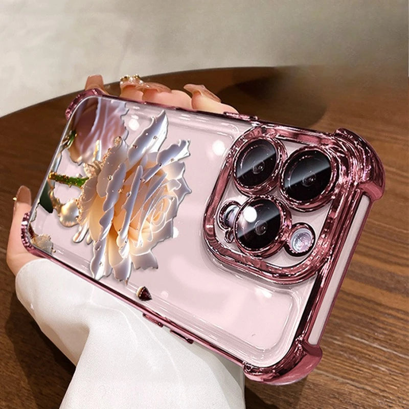 Crystal Rose Electrode Plating Anti-fall Case Suitable for iPhone 16 15 14 13 12 11 Pro/ Max/Plus Shockproof Back Cover
