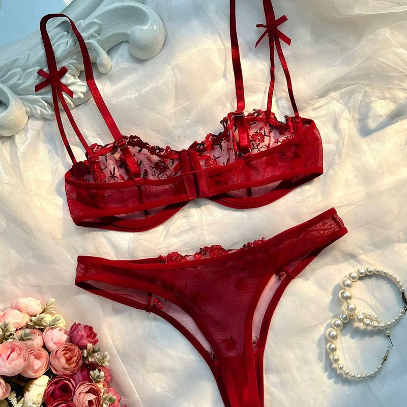 Sexy Lingerie Women Thin Transparent Lace See Through Female Erotic Underwear Bra And Panty Set Sleepwear Suit Embroidery Floral