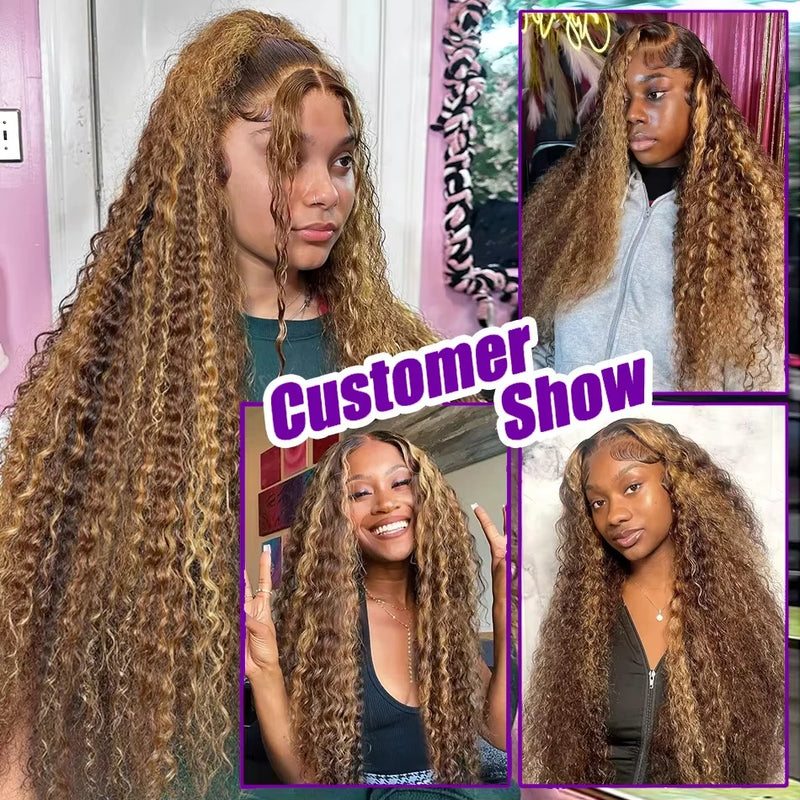 250 Density Highlight Ombre 13x6 Curly Real Human Hair Wigs 30 38 Inch Brazilian 4/27 Colored Deep Wave 13x4 Lace Frontal Wigs