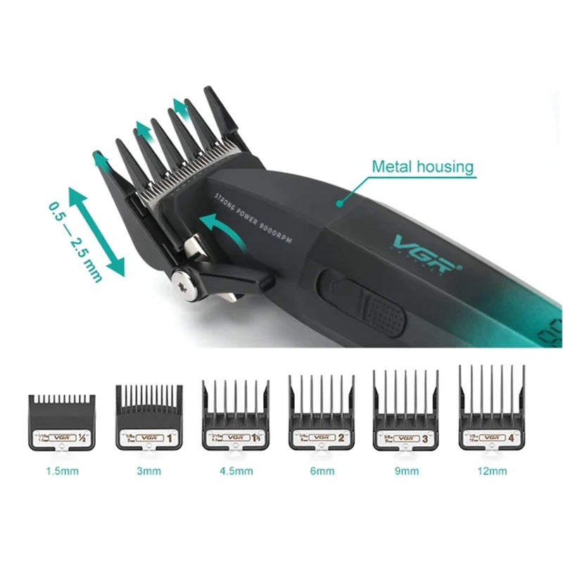 Original VGR Metal 9000RPM Hair Clipper Professional Men's Rechargeable Hair Trimmer Barber Cordless Hair Cutting Electric 8W