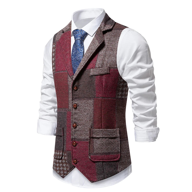 Green Men Vest Tweed Plaid Waistcoat Slim Fit Lapel Plaid Suit Vest Herringbone vintage Vest For Wedding Groomsmen vest heren