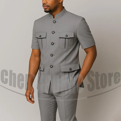 Men's Grey Mandarin Collar Suit Set Short Sleeves | SAMAG
