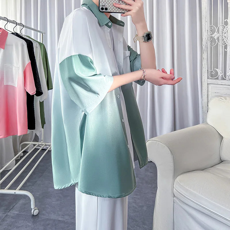 Told Tale Summer New Lapel Gradient Loose Men Shirt Short | SAMAG