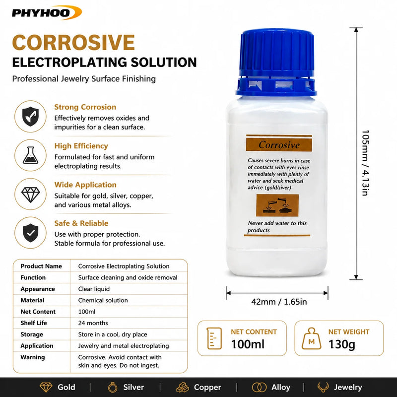 PHYHOO Professional Jewelry Electroplating Solution Kit Gold Silver Rose Plating Formula Fluid System For Workshop DIY Crafts