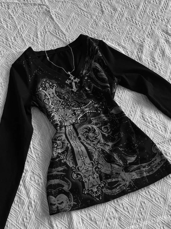 Fashionable Retro Gothic T-shirt Women's Y2k Black Punk Pattern T-shirt Grunge Sexy American V-neck T-shirt Hip Hop Harajuku Top