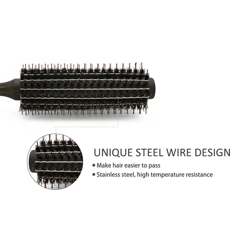 1Pcs Wood Handle Round Rolling Brush Straight Twill Hair Comb Boar Bristle Round Barrel Hair Curling Brush Hairdressing Tool