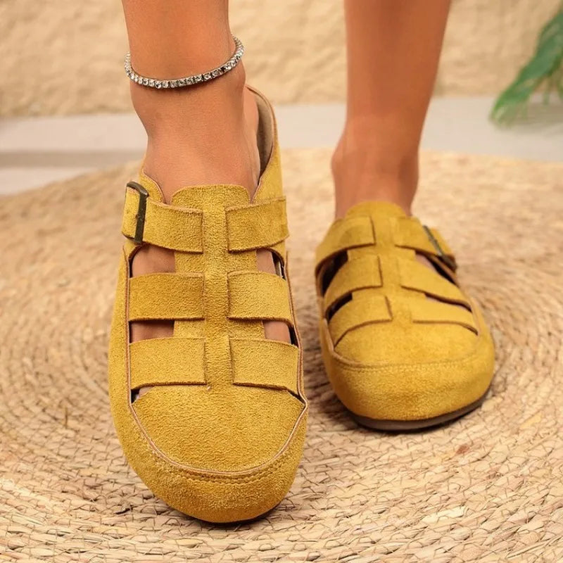 Womens Mules Round Toe Suede Look Texture Caged Cutout Flat Shoes Adjustable Buckle Strap Casual Backless Slip on Walking Clogs