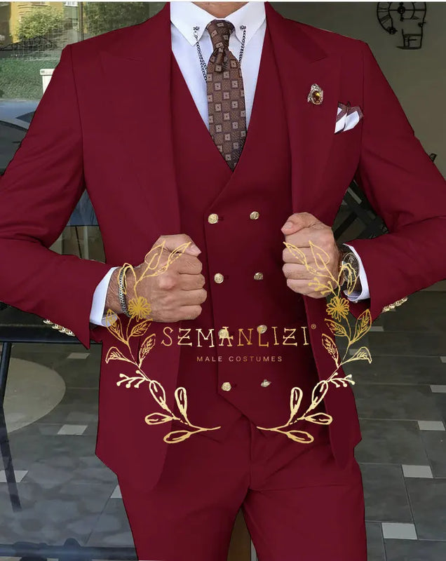 Beige Business Suits For Men Tuxedos Gold Buttons Groom Groomsman Prom Wedding Party Formal 3 Pieces Sets - View 21 | SAMAG