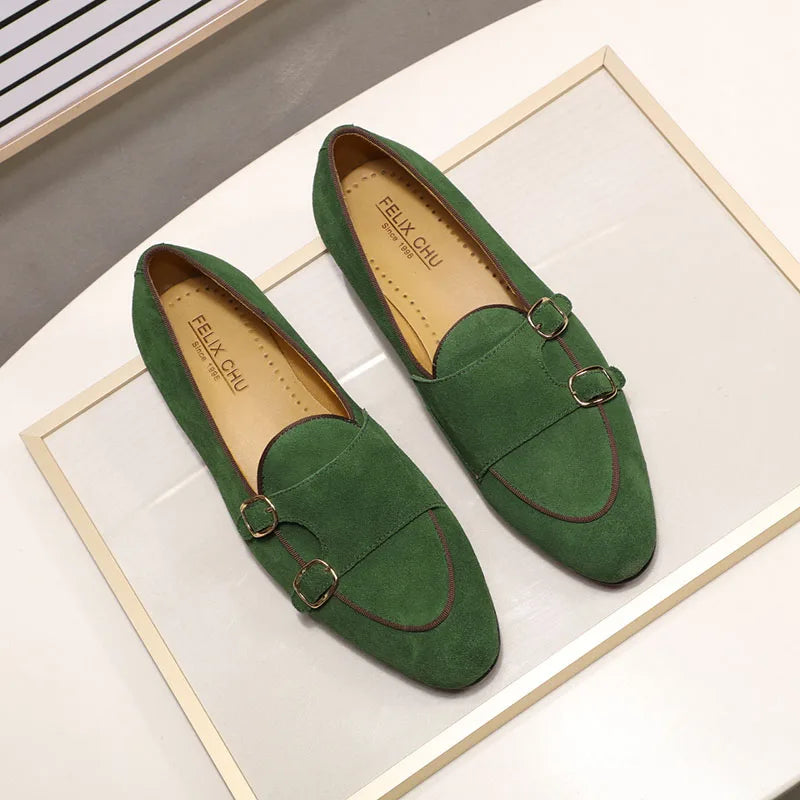 Fashion Design Suede Leather Mens Loafers Black Brown Green Casual Dress Shoes for Wedding Party Monk Strap Men Shoes Size 38-47