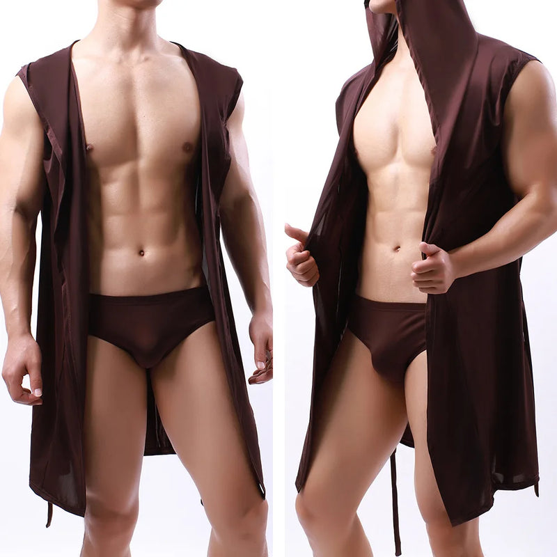 Men Hooded Bathrobes Summer Sleeveless Homewear Silk Pajamas Bathrobe Mens Robes Sleepwear Kimono Dressing Gown with Hood