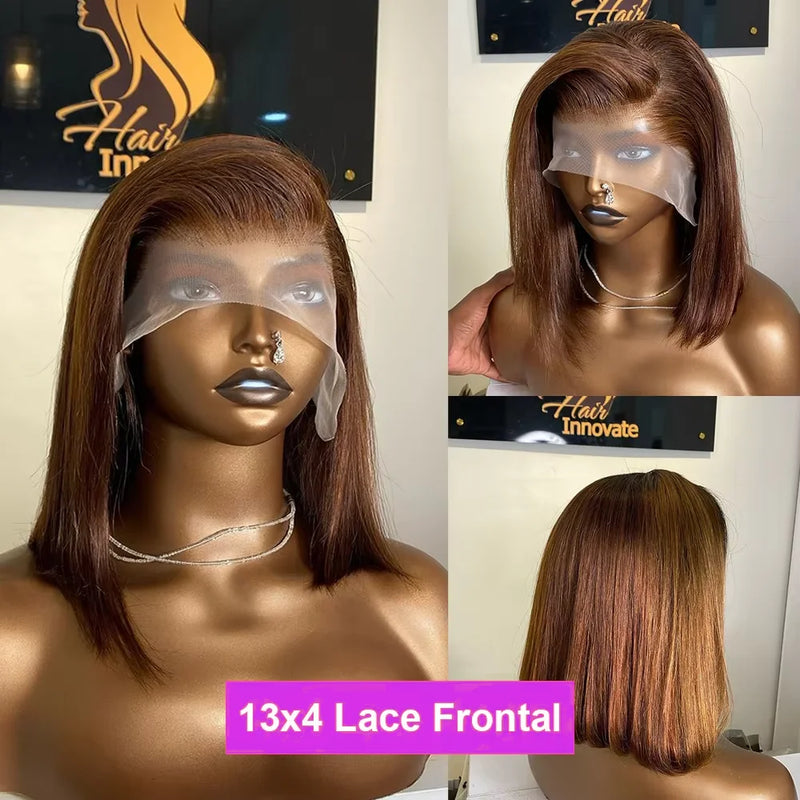 Brown Straight Short Bob Wig 13x4 4x4 HD Lace Frontal Wigs 100% Human Hair Preplucked For Black Woman #4 Color 14 16 Inch
