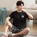 Men's Summer Pyjamas Set: Short-Sleeved Top and Shorts Youthful Student Style with Cartoon Stripes Summer Homewear Ensemble