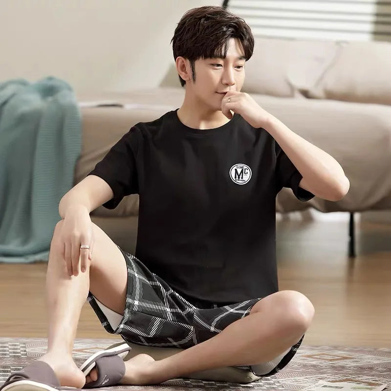 Men's Summer Pyjamas Set: Short-Sleeved Top and Shorts Youthful Student Style with Cartoon Stripes Summer Homewear Ensemble