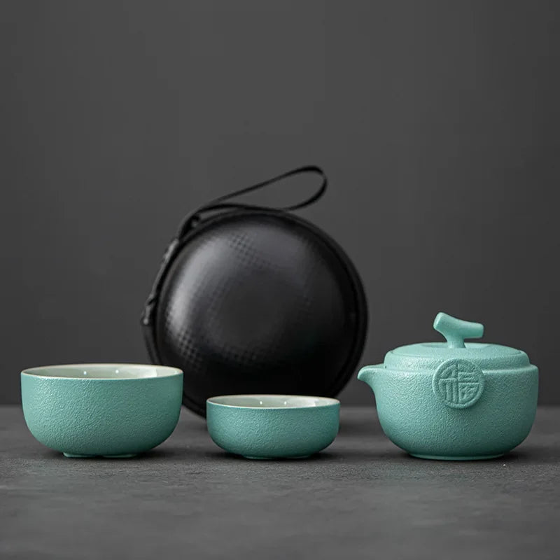 Ceramic Gongfu Travel Tea Set, Gorgeous Chinese Teapot Set with 2 Tea Cups, Portable Carrying Case