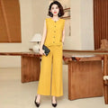 Women 2 Piece Outfit Sleeveless Printed Top And Wide Leg Pants Summer Casual Mom Wear For Middle Aged