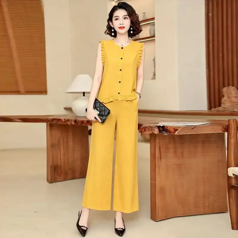 Women 2 Piece Outfit Sleeveless Printed Top And Wide Leg Pants Summer Casual Mom Wear For Middle Aged