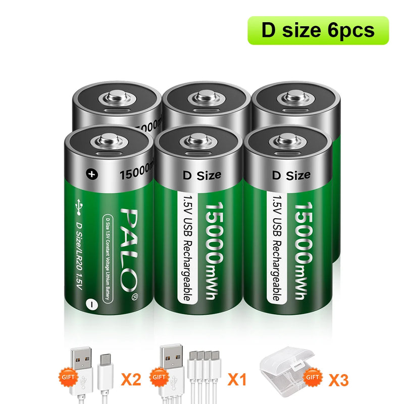 PALO 1-6PCS 1.5V D Size 15000mWh Lithium Rechargeable Battery D Type USB Li-ion Batteries LR20 Battery with Type C USB Cable