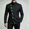 Men's Pinstripe Business Suits Single Breasted Stand Collar Slim Fit Suit Jacket Pants 2 Pieces Formal Tuxedo for Wedding Party