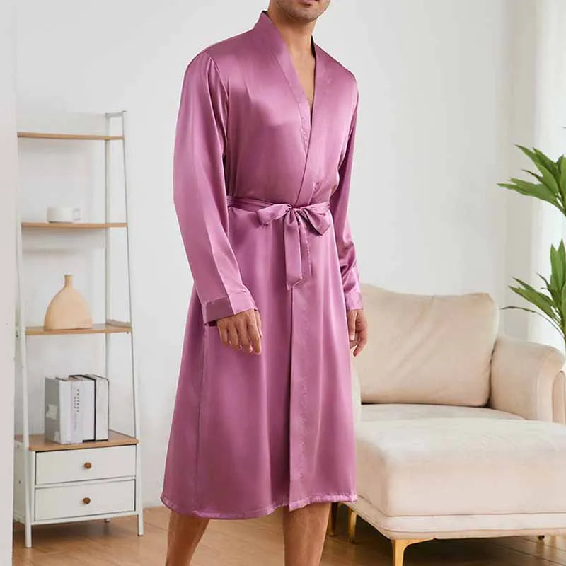 Men's Robe Shorts Pajamas Set Silky Satin Sleepwear Nightgown Loose Casual Long Sleeves Bathrobe Kimono Baroque Style Loungewear