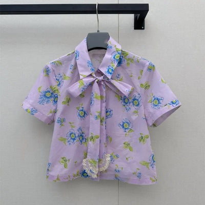 Early Fall Women's Tie - Neck Bow Print Short Sleeve Shirt | SAMAG