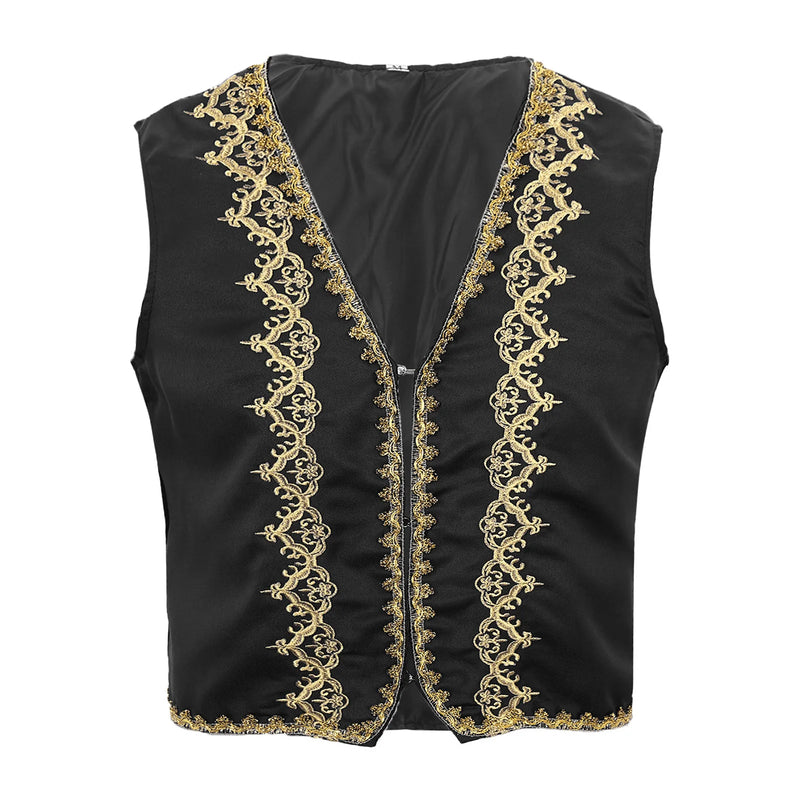 Mens Steampunk Victorian Vest Gothic Vintage Gold Trims Embroidery Medieval Sleeveless Waistcoat Jacket Vest Halloween Costumes