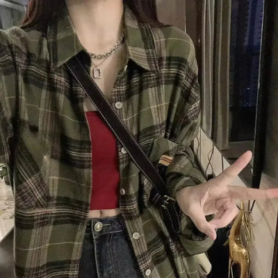 Vintage Dark Green Plaid Shirt Women Long Sleeve | SAMAG