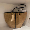Trendy Handwoven Straw Bucket Bag Color Block Knotted Design Summer Beach Shoulder Tote Vegan Rattan Hobo Purse Vacation Handbag