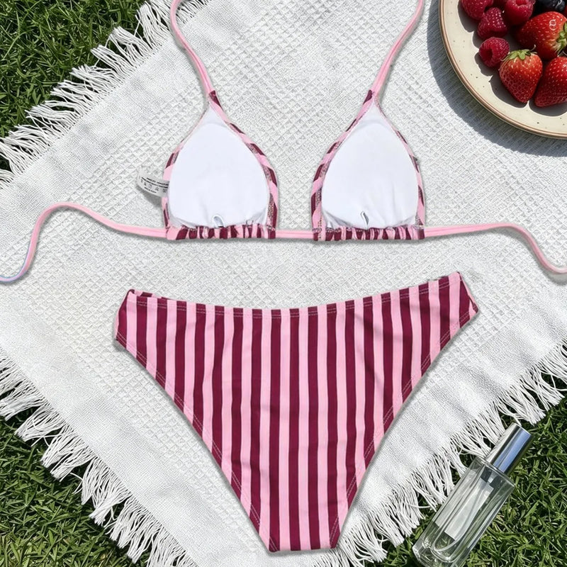Stripe Print Bikini Triangle Cup Strap Sexy Backless | SAMAG