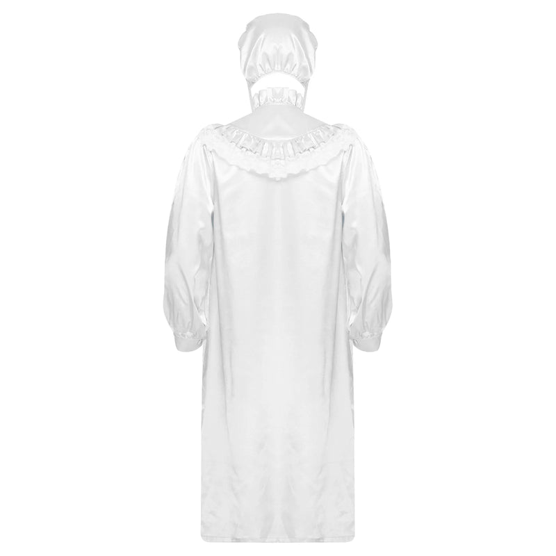 Men Satiny Gothic Victorian Nightgown Robe with Hat Set Lace Trim Long Sleeve Sleep Dress And Lace-up Bonnet for Pajamas Party