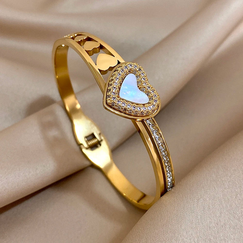 Stainless Steel Bangle Bracelet Inlay Luxury Rhinestones Gorgeous Synthetic Zirconia Geometric Oval Square Stars Shape for Women