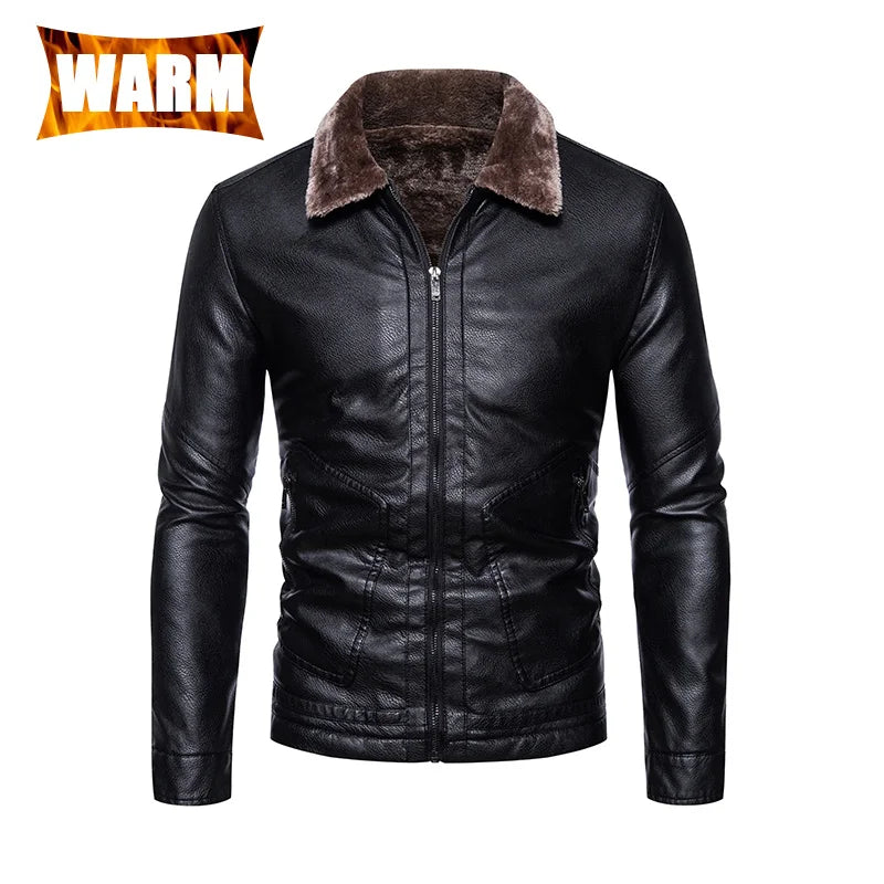 Faux Leather Men Jacket Thickened Plush Lining Warm PU Leather Jacket Business Casual Leather Jacket Winter Faux Fur Collar Coat