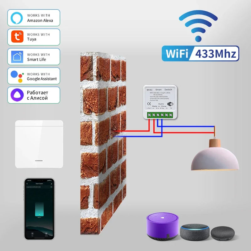 Tuya WiFi Smart Switch 433Mhz Relay Receiver Wireless 1/2/3 Gang 86 Wall Panel Switch APP Control Works with Alexa Google Home