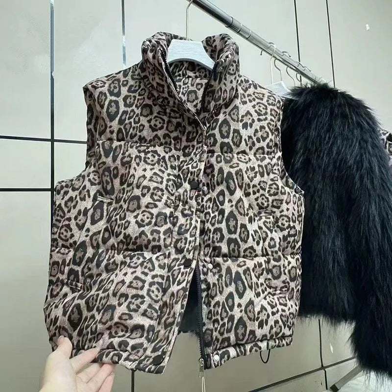 Leopard Women's Autumn Winter Sleeveless Parkas Jacket 2025 Woman Mandarin Collar Cotton Padded Vest Korean Style Waistcoat