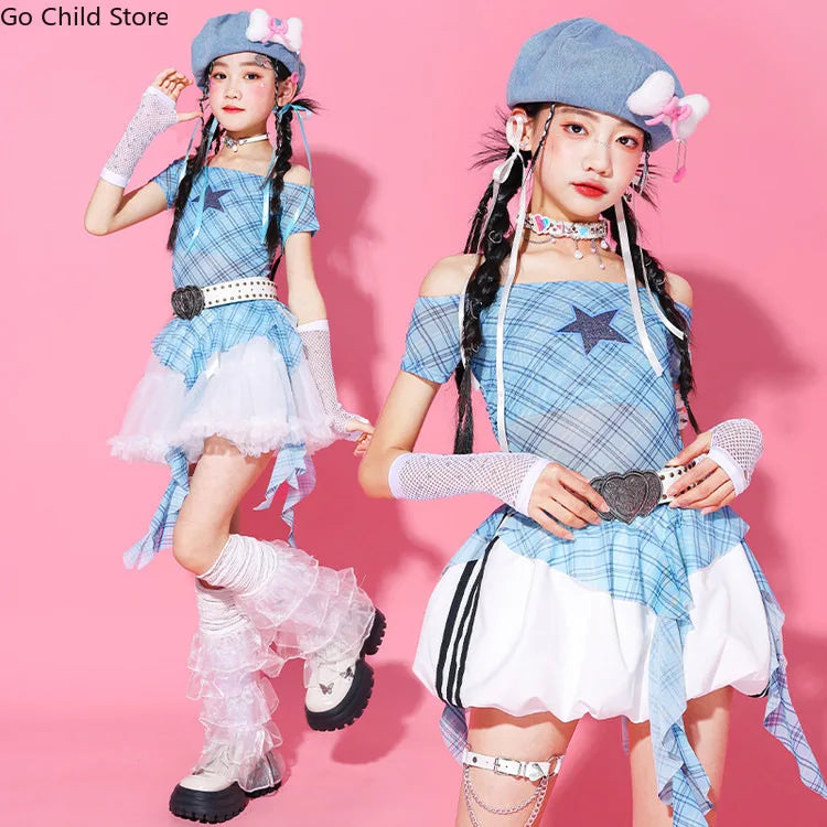 Girls K - pop Off Shoulder Crop Top Tutu Skirt Kids Hip Hop - View 4 | SAMAG