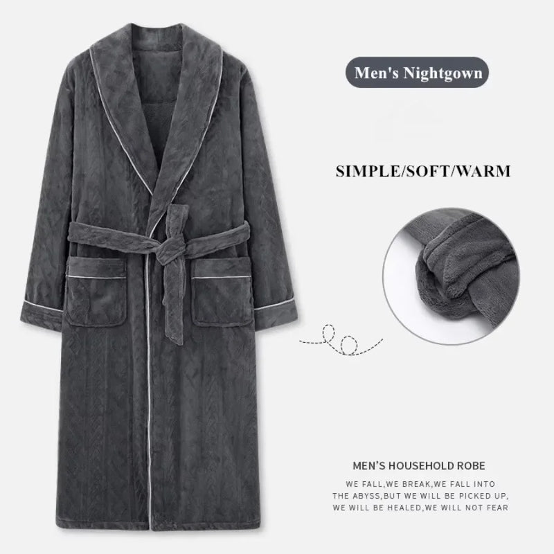 2026 Men's Autumn Winter Flannel Pajama Robes Thickened Warm Lace Up Bath Robes Men Loose Lounge Homewear Coral Fleece Nightgown