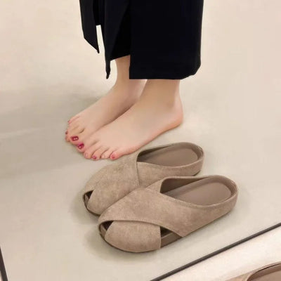 Cross Design Closed Toe Mules, Soft Sole Suede Slides | SAMAG