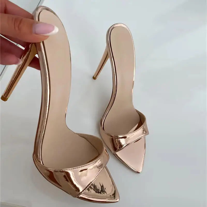 Onlymaker Women Peep Toe Mules Gold Slip On Thin High Sandals Big Size Classic Fashion Lady Sandals