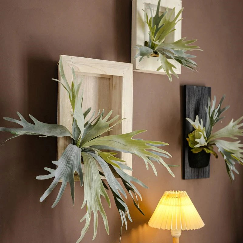 Artificial Tropical Plant Wall Hanging Decoration Antler Fern Green Plant Landscape Display Furnishings Home Decor, Wooden Frame