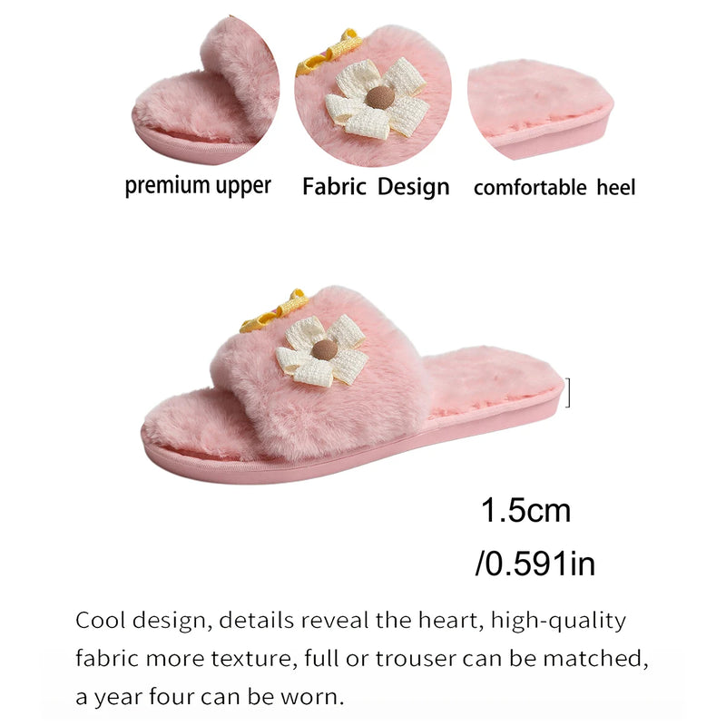 Winter New Flower Decor Comfort Soft Soled Women Cotton Slippers 2026 Fashion Solid Round Toe Plush Warm House Women's Shoes