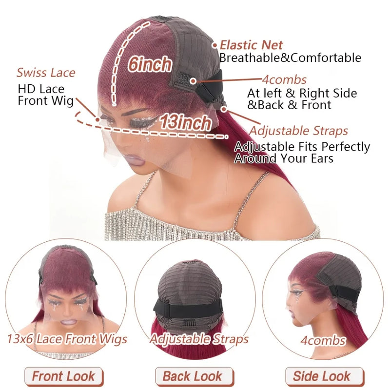 99J Burgundy Pre Colored Straight Lace Frontal Wigs For Women Pre Plucked Invisible Pre Cut Lace Brazilian Hair 13X6 Hd Transparent Lace Front Human Hair Wigs